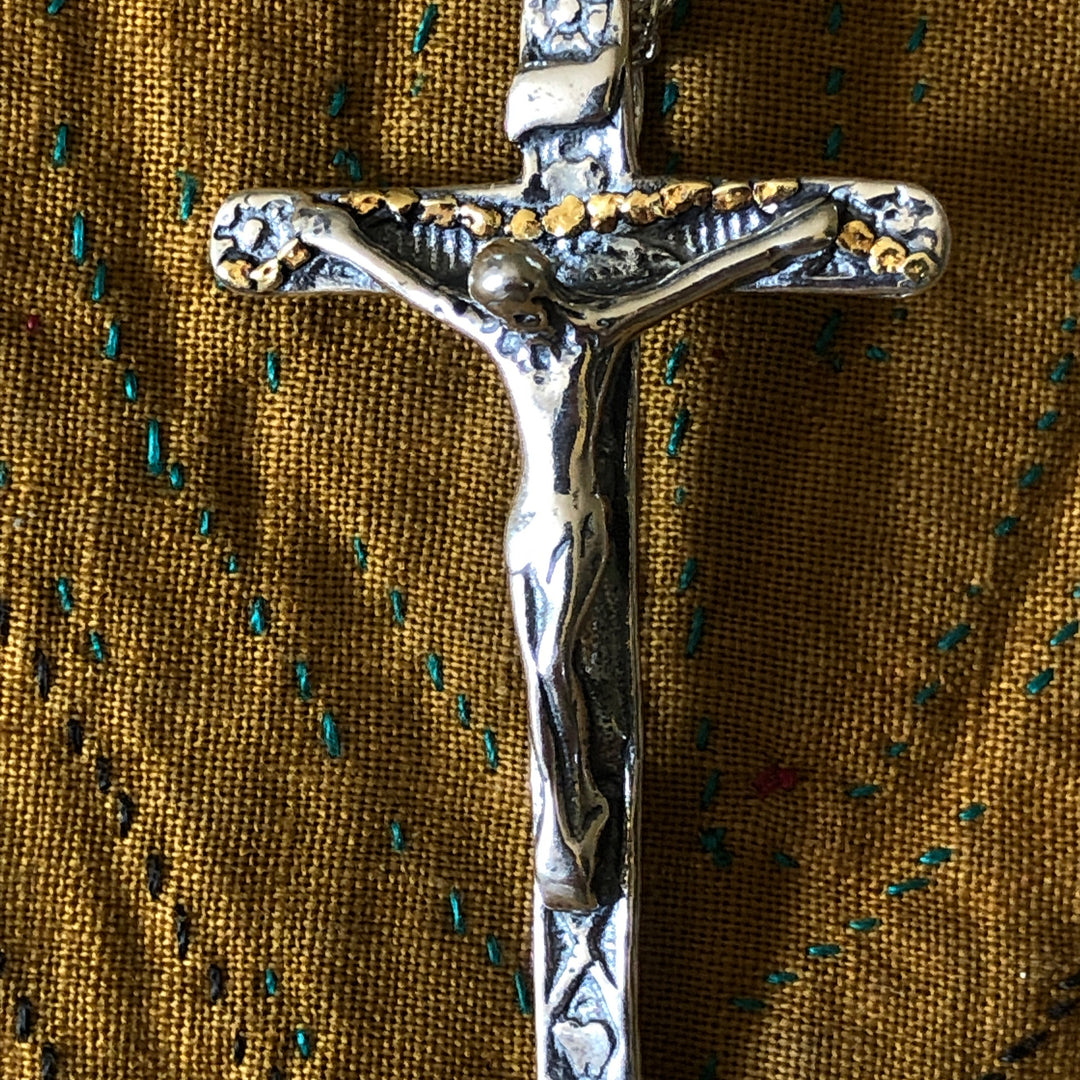 N189  Grand Cross with Christ Necklace .925 with Alaskan Gold Nuggets
