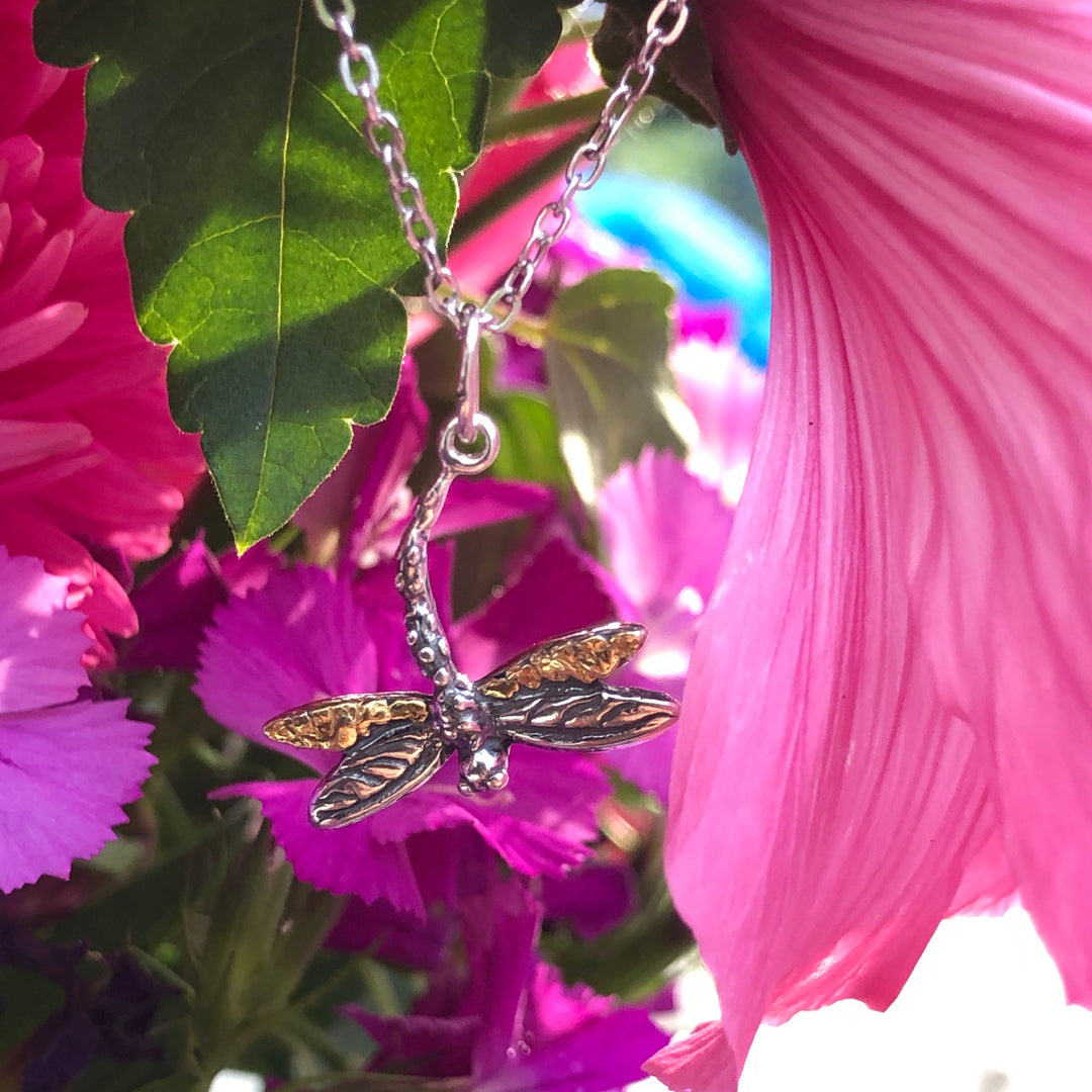 N100  Dragonfly Necklace .925 with Alaskan Gold Nuggets