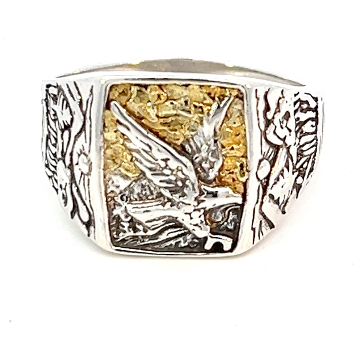 RM001 Mens Silver Eagle & Gold Nugget Alaska Scenery Ring fishingforgold