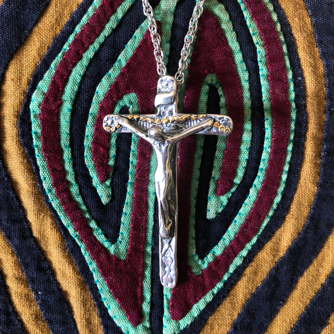 N189  Grand Cross with Christ Necklace .925 with Alaskan Gold Nuggets