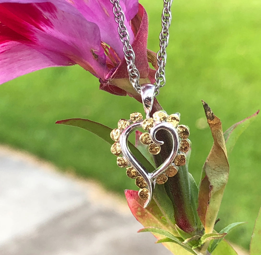 N333S  Heart Nuggets Necklace .925 with Alaskan Gold Nuggets