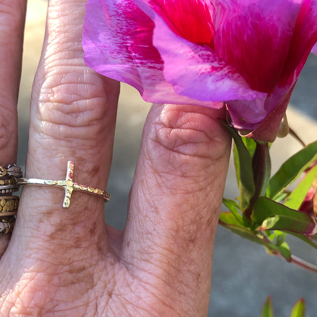 R02712  Silver Cross Ring with Nuggets