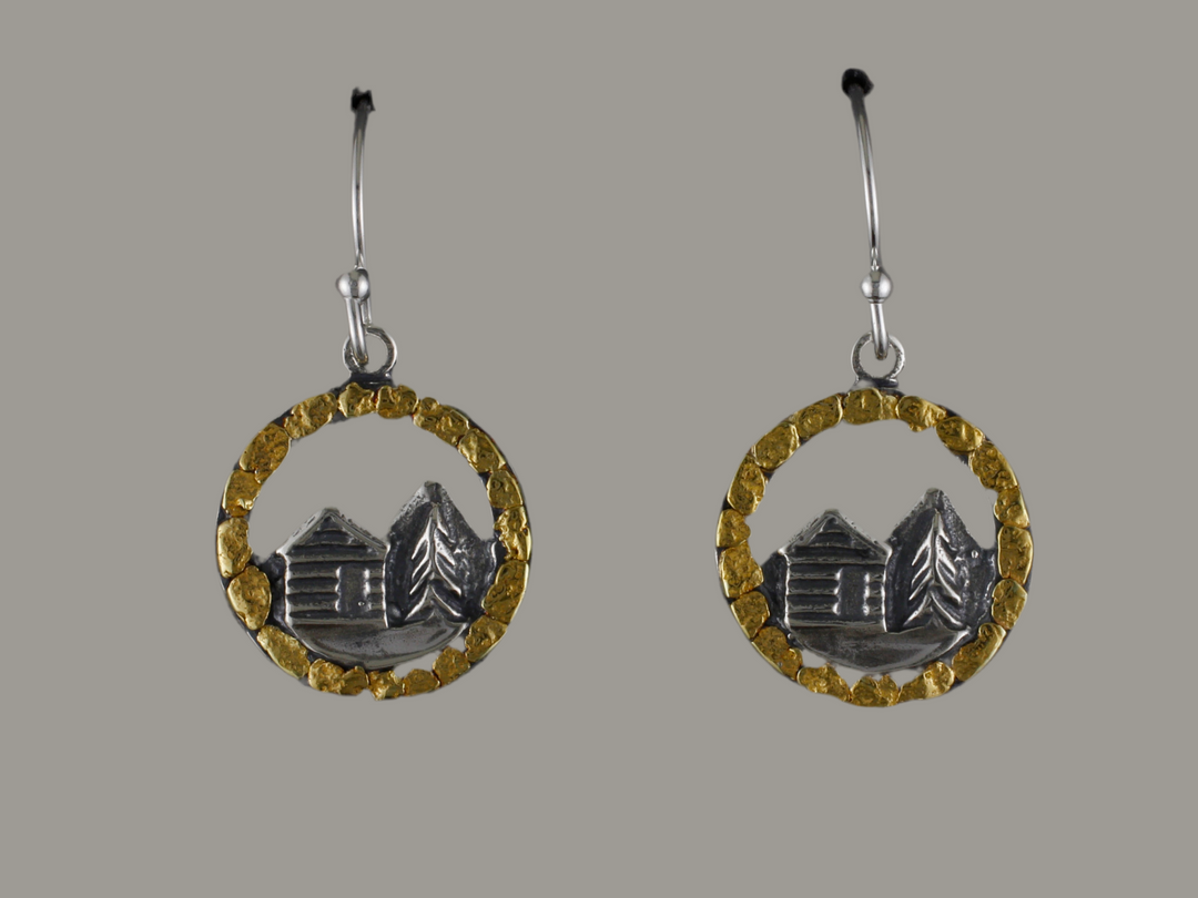 EW125   Silver Small Cabin Ear Wires .925 with Alaskan Gold Nuggets