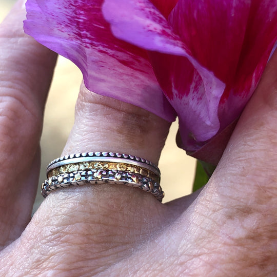 R02843  Stackable Tiny Flowers highlighted with Natural Gold Nuggets Ring