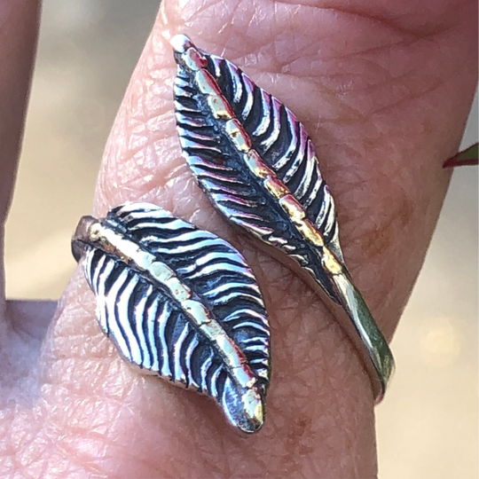 R02908  Two Leaves Silver Ring Adjustable with Alaskan Gold Nuggets
