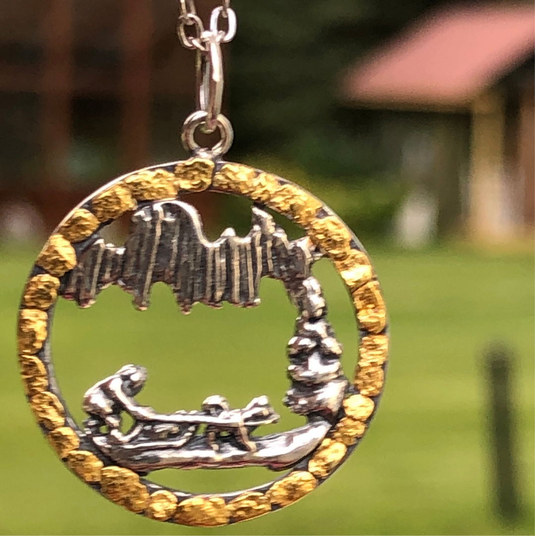 N140  Large Silver Aurora Dog Team Musher Pendant Circled with Gold Nuggets