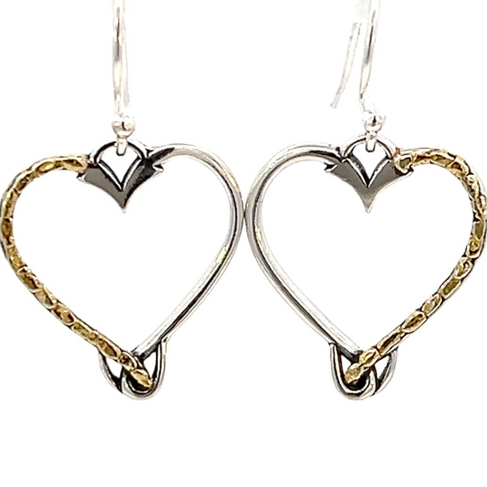 EW116 Silver Heart Dangle Earrings with Gold Nuggets