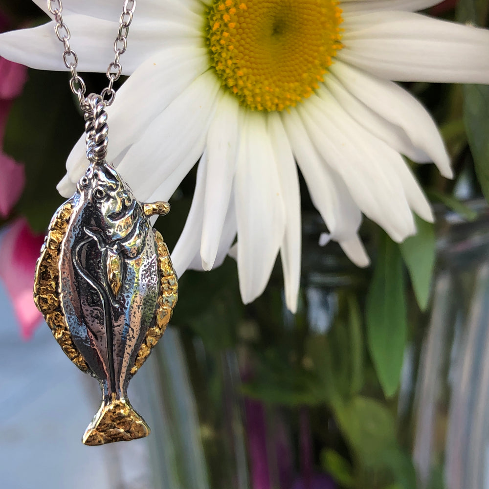N033  Halibut-All pendant .925 with Alaskan Gold Nuggets