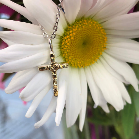 N035  Cross Flat pendant .925 with Alaskan Gold Nuggets