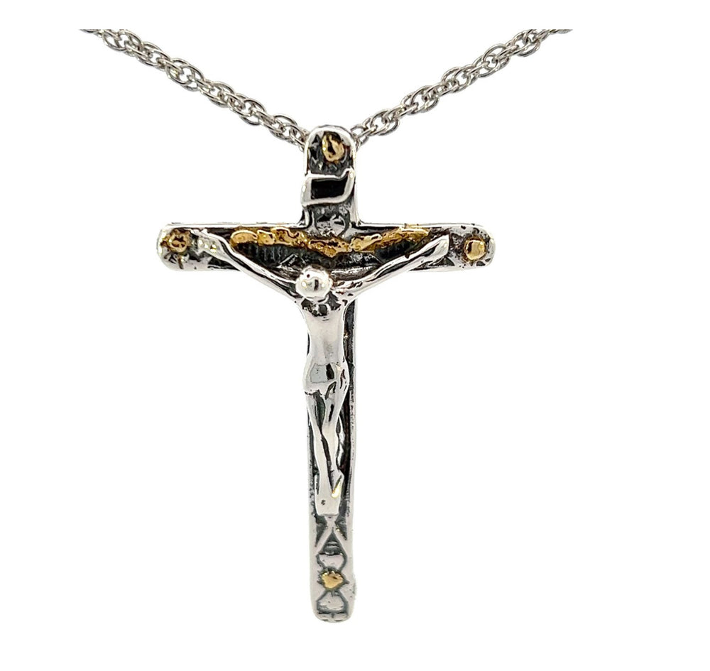 N189  Grand Cross with Christ Necklace .925 with Alaskan Gold Nuggets