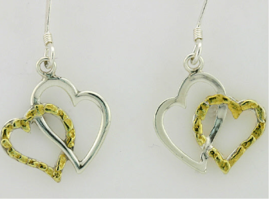 EW173  Double Heart Earring Wires .925 with Alaskan Gold Nuggets