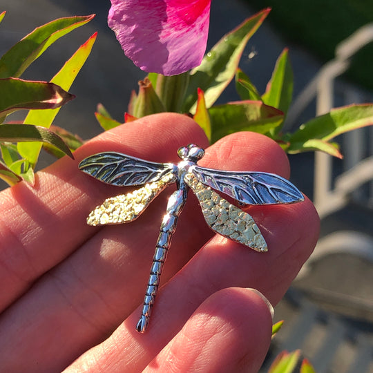 P012  Dragonfly Large Brooch .925 with Alaskan Gold Nuggets