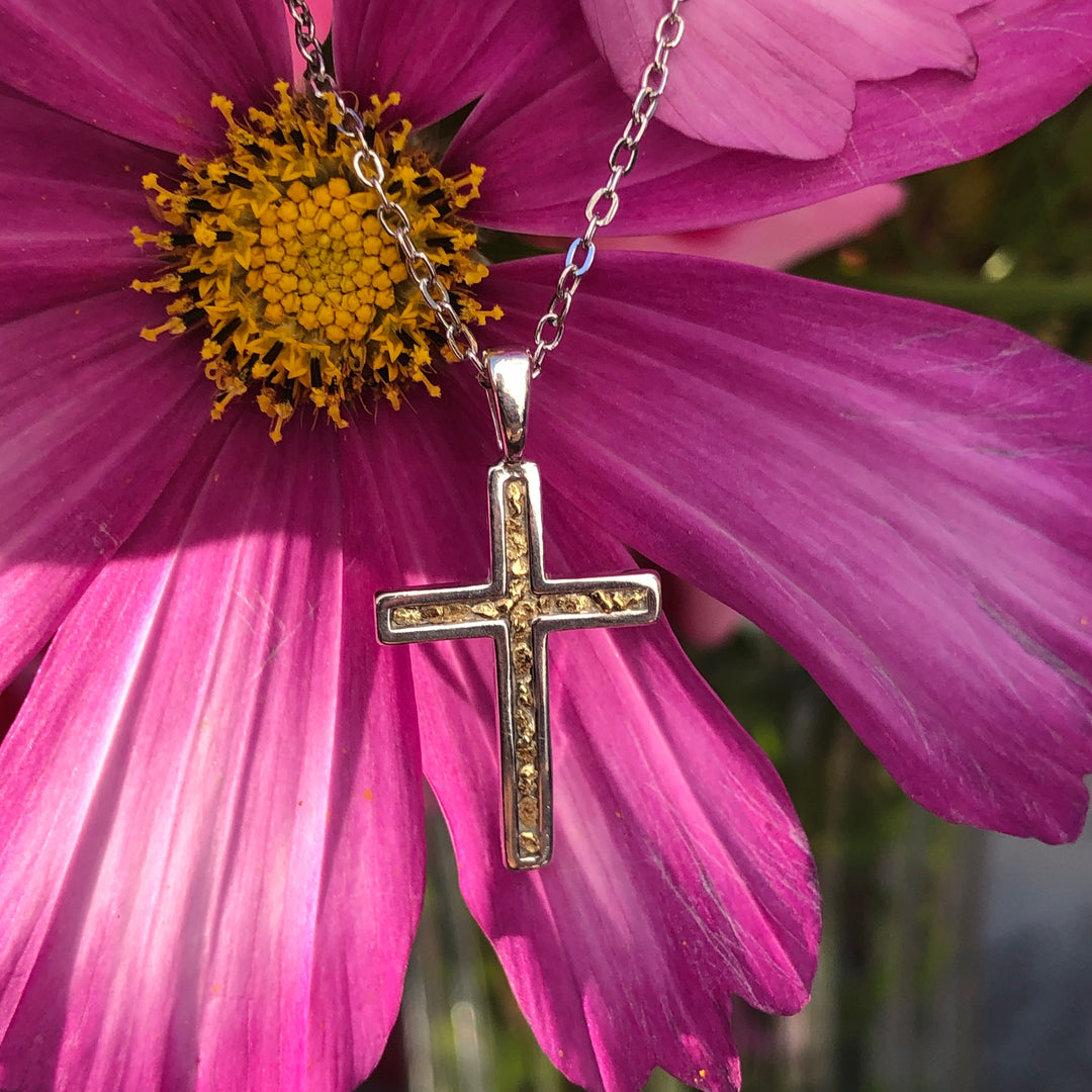N032  Channel Cross pendant .925 with Alaskan Gold Nuggets