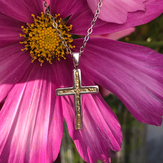 N032  Channel Cross pendant .925 with Alaskan Gold Nuggets