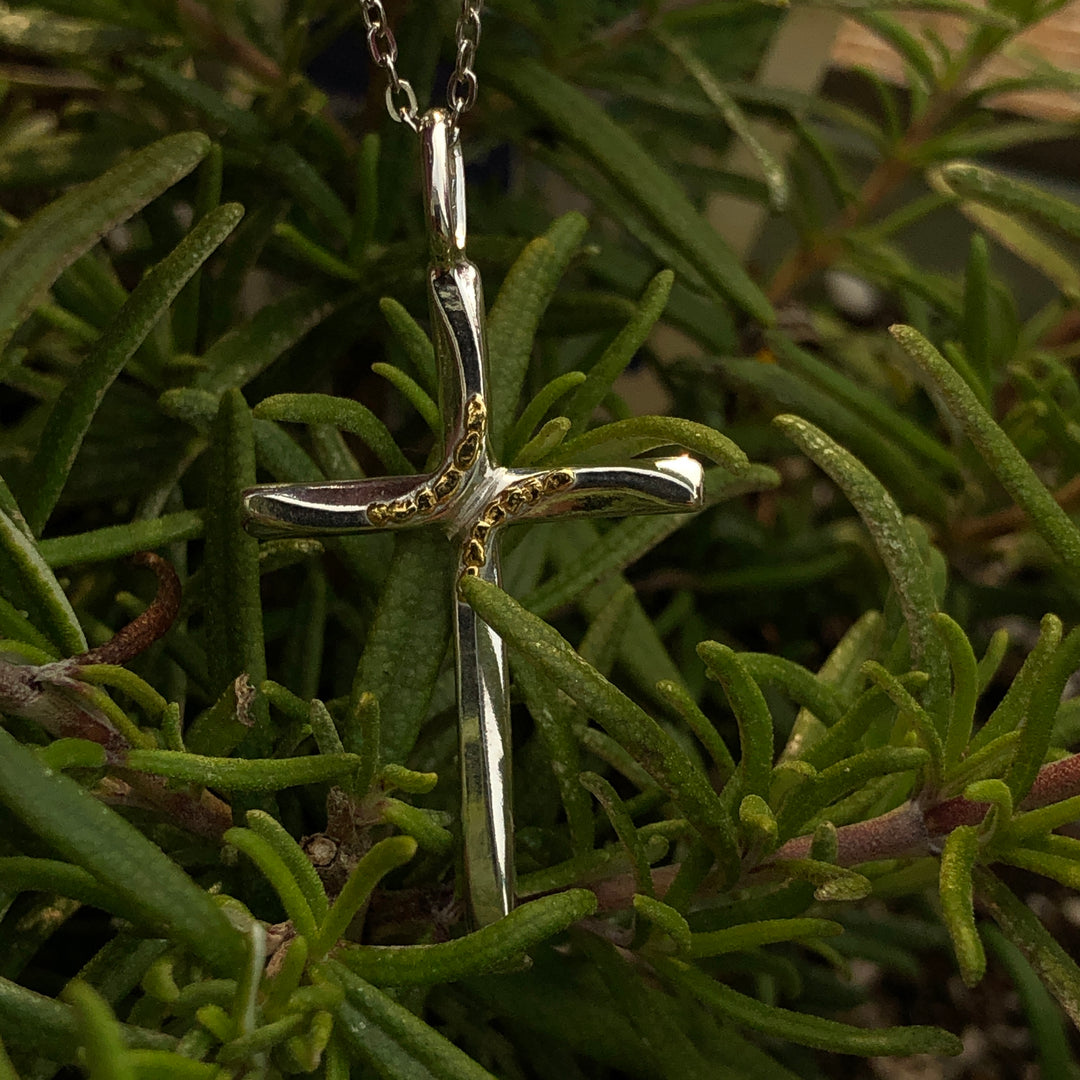 N123  Large Silver Curve Cross with Alaskan Gold Nuggets