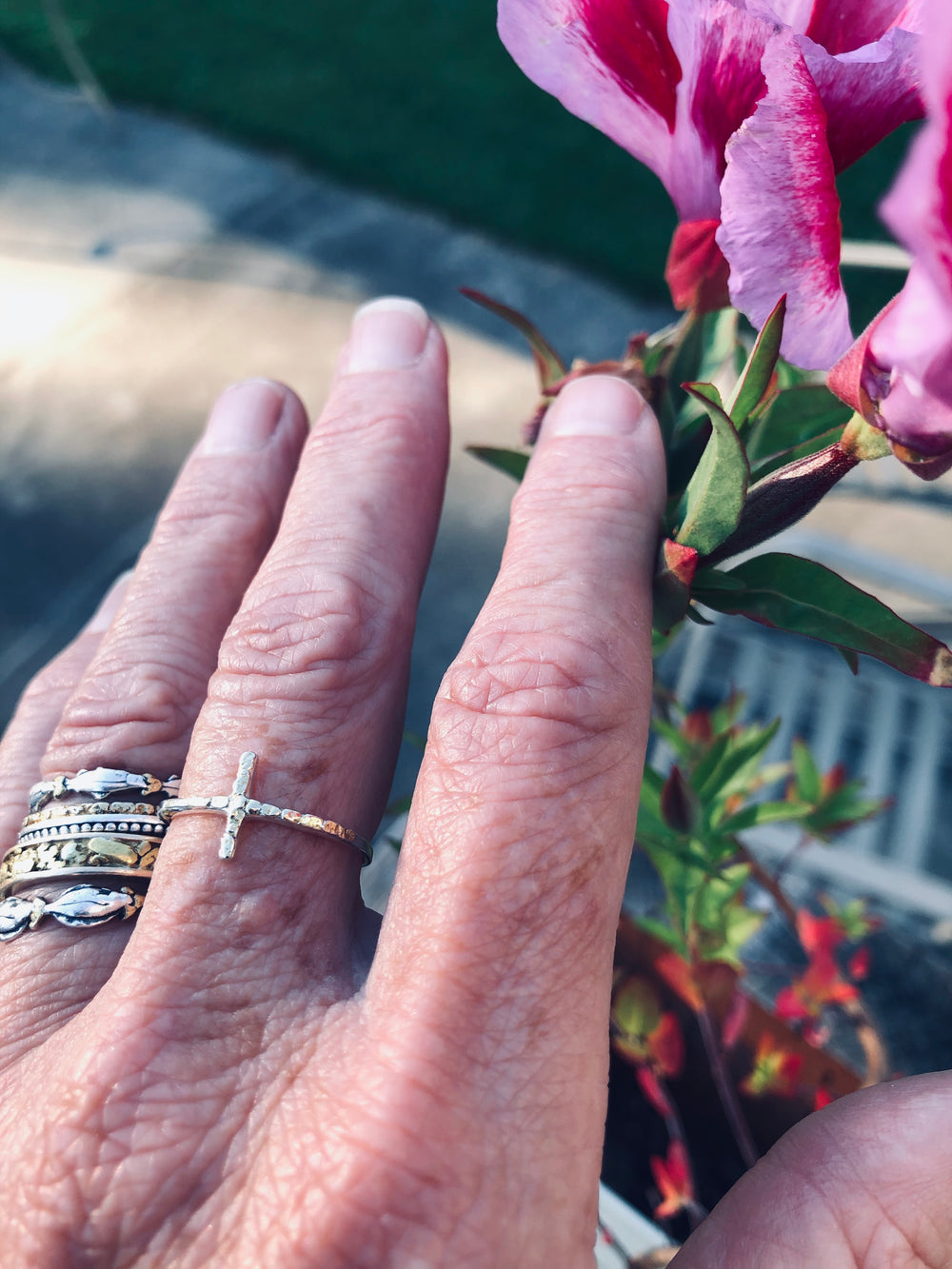 R02712  Silver Cross Ring with Nuggets