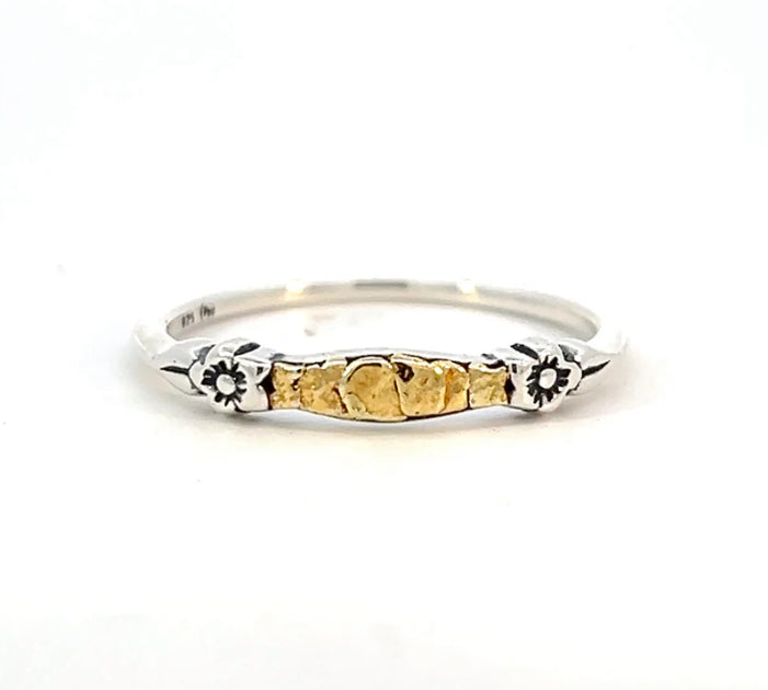 R183 Silver Flower & Gold Nugget Filled Ring