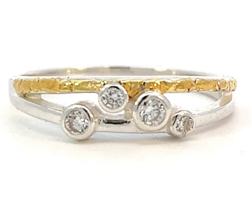 R404SN-DIA Diamond & Gold Nugget Dual Layer Ring with Silver Band
