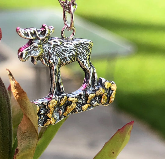 NTT019  Moose Large Necklace .925 with Alaskan Gold Nuggets