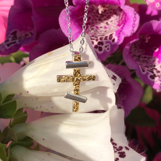 N020  Russian Cross Small Necklace .925 with Alaskan Gold Nuggets