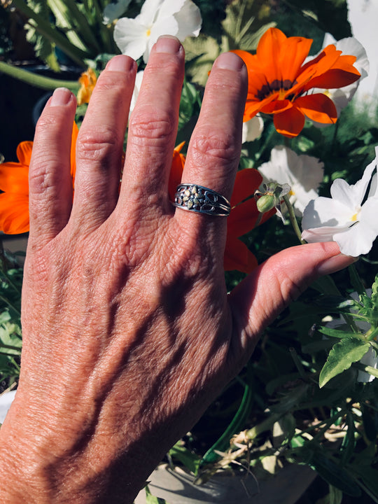 R02272  Flower Cluster Silver Ring with Alaskan Gold Nuggets