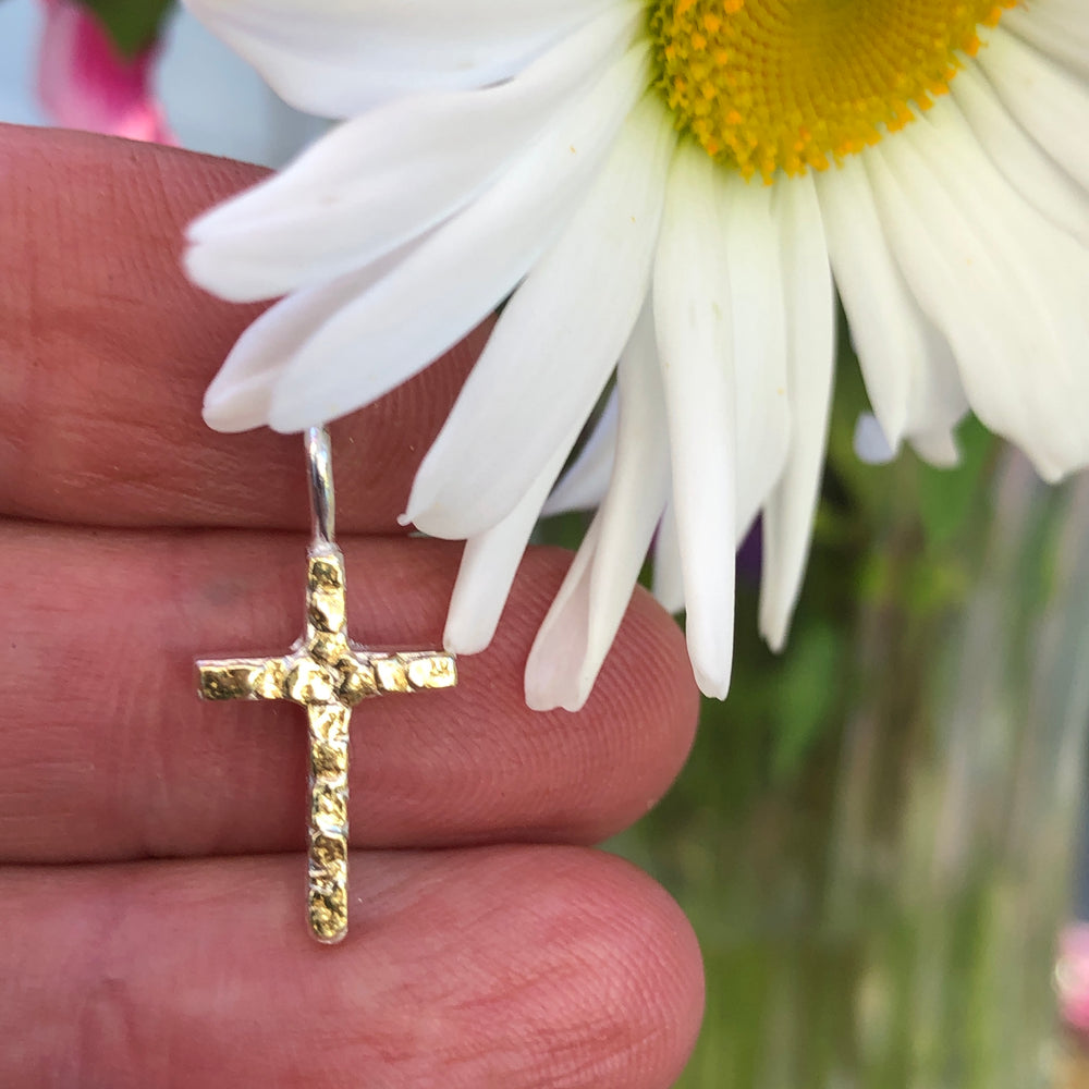 N035  Cross Flat pendant .925 with Alaskan Gold Nuggets