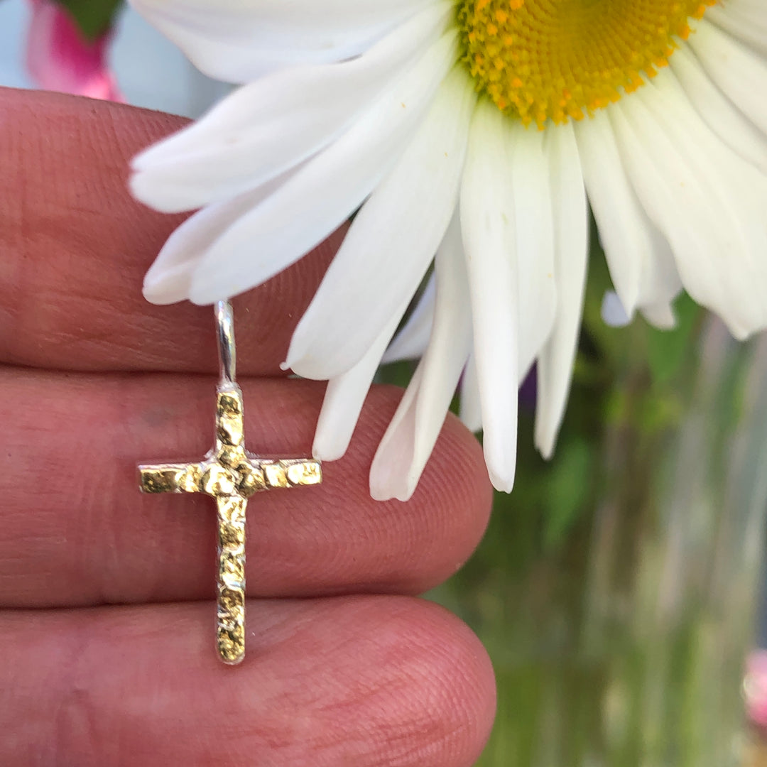 N035  Cross Flat pendant .925 with Alaskan Gold Nuggets