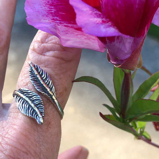 R02908  Two Leaves Silver Ring Adjustable with Alaskan Gold Nuggets