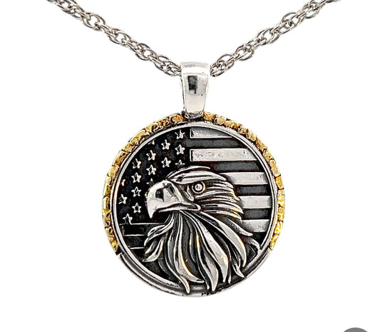 N049 American Flag & Eagle Pendant with Gold Nugget Outline