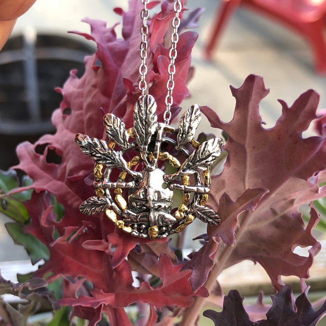 N040  Native Grizzly Mask pendant .925 with Alaskan Gold Nuggets