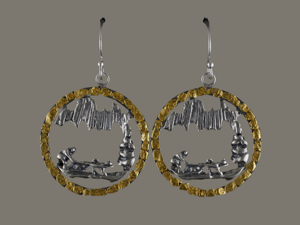 EW127  Silver Large Aurora and Dogteam with Nuggets Earwires