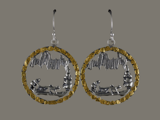 EW127  Silver Large Aurora and Dogteam with Nuggets Earwires