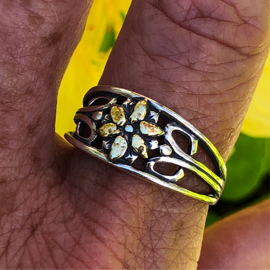 R02272  Flower Cluster Silver Ring with Alaskan Gold Nuggets