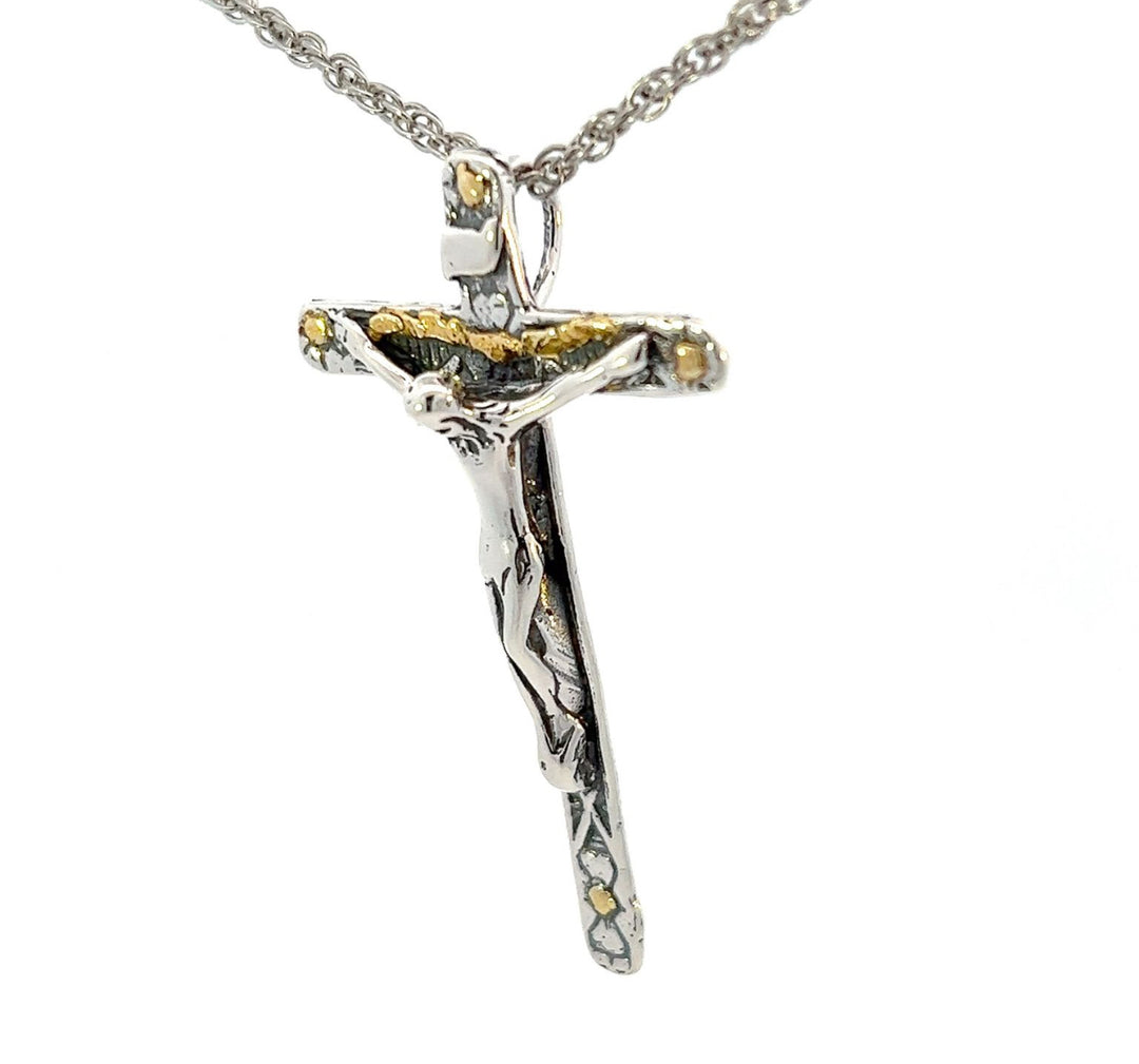 N189  Grand Cross with Christ Necklace .925 with Alaskan Gold Nuggets