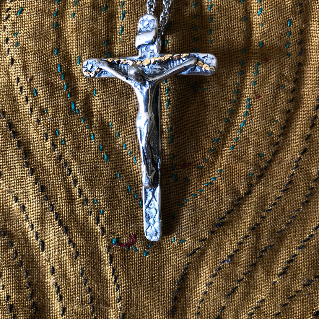 N189  Grand Cross with Christ Necklace .925 with Alaskan Gold Nuggets