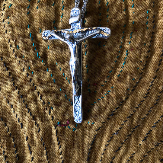 N189  Grand Cross with Christ Necklace .925 with Alaskan Gold Nuggets