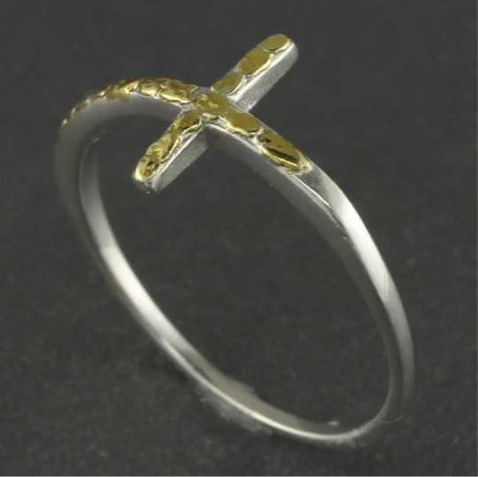 R02712  Silver Cross Ring with Nuggets
