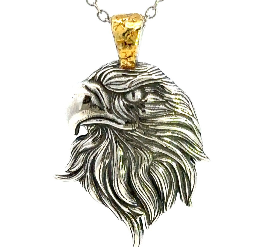 N018 Silver Eagle Pendant .925 with Alaskan Gold Nuggets