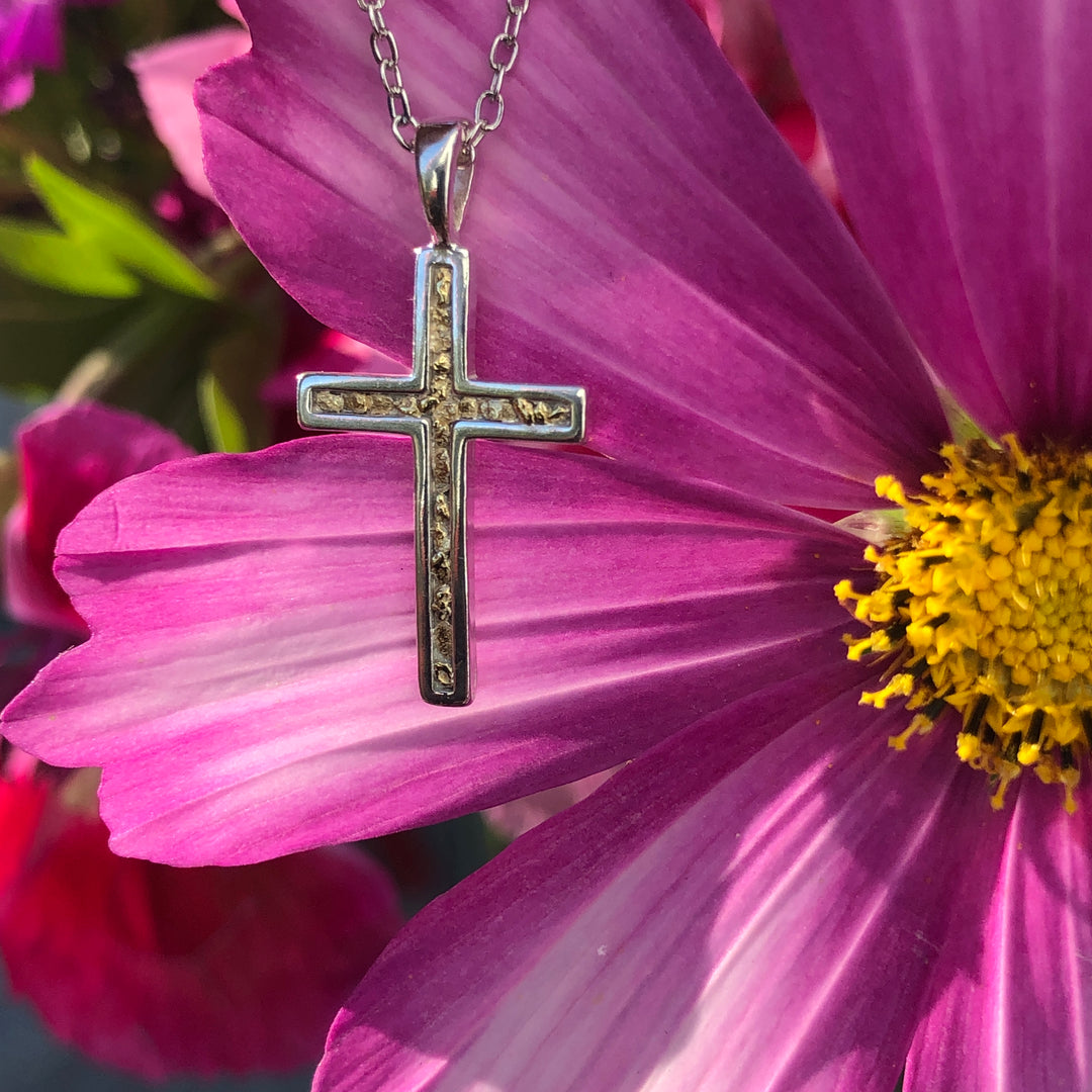 N032  Channel Cross pendant .925 with Alaskan Gold Nuggets