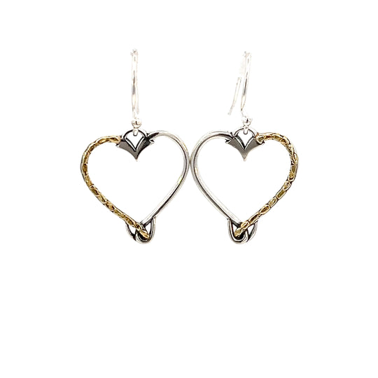 EW116 Silver Heart Dangle Earrings with Gold Nuggets