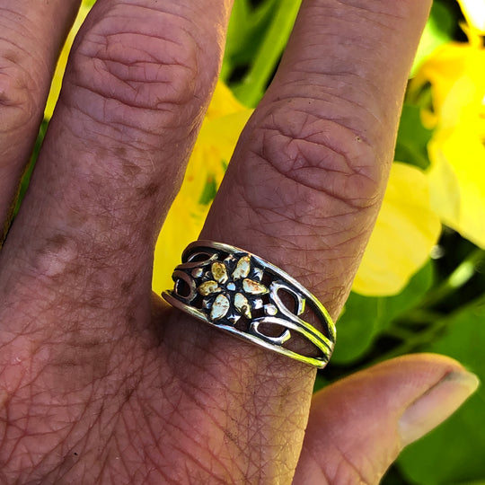 R02272  Flower Cluster Silver Ring with Alaskan Gold Nuggets