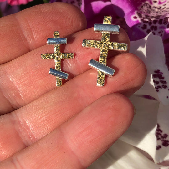 N020  Russian Cross Small Necklace .925 with Alaskan Gold Nuggets