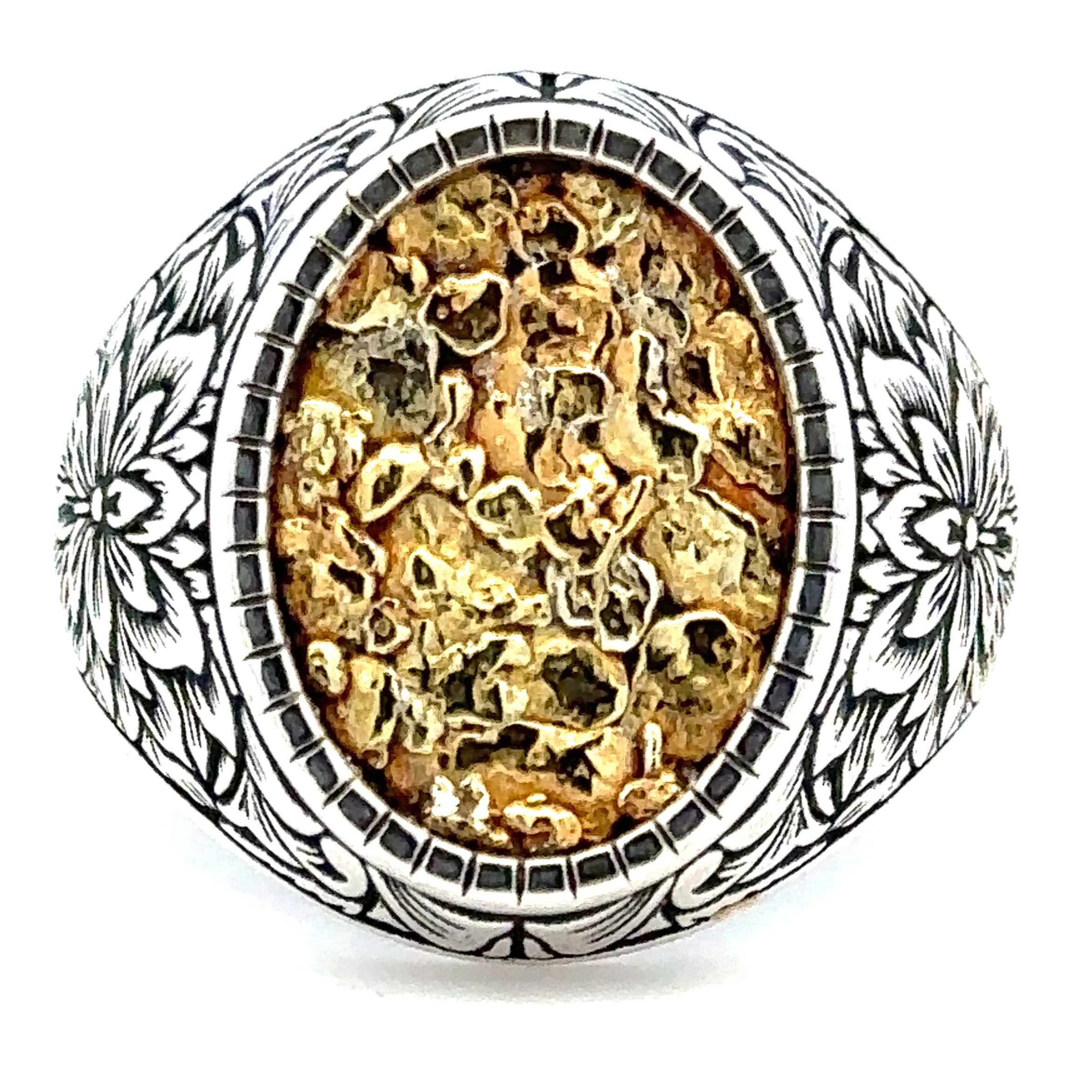 RM014 Mens Silver Floral Design & Gold Nugget Filled Oval Ring Fishing For Gold
