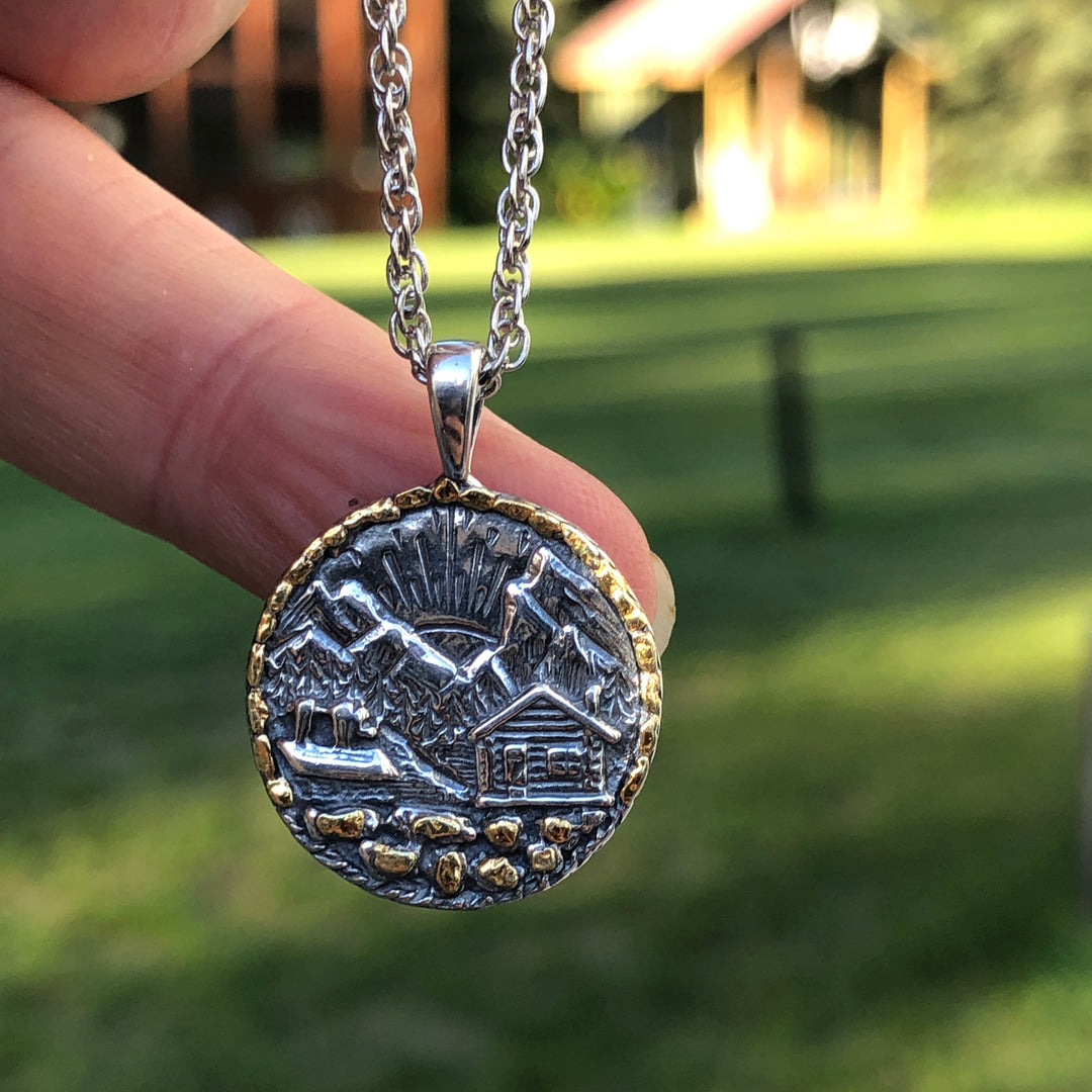 N044ALL   Cabin Silver Pendant with Lots of Gold Nuggets