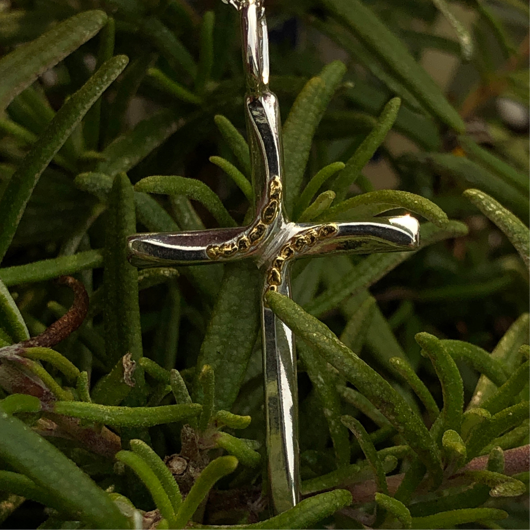 N123  Large Silver Curve Cross with Alaskan Gold Nuggets