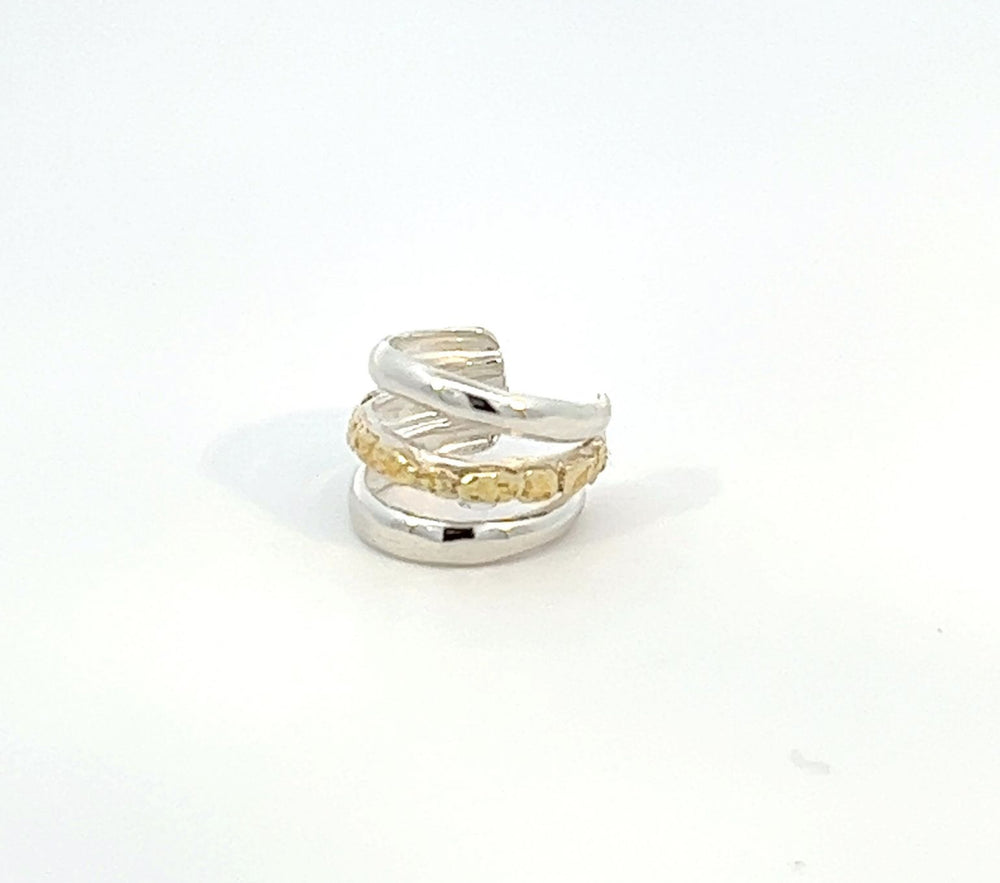 EC005   Silver Ear Cuff Three Bars with Alaskan Gold Nuggets