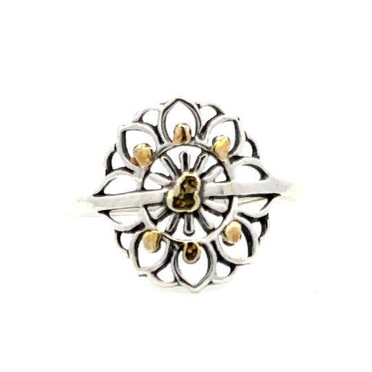 R02431 Intricate Flower Silver & Gold Nugget Ring