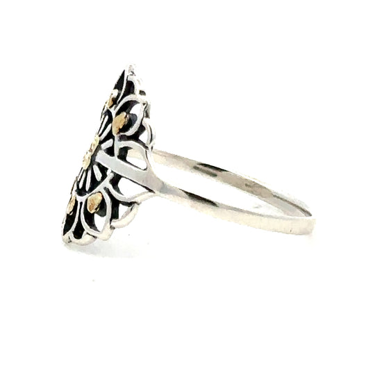 R02431 Intricate Flower Silver & Gold Nugget Ring