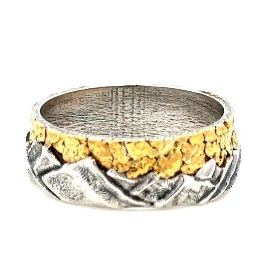 RM004 Mens Silver Mountain & Gold Nugget Sky Ring