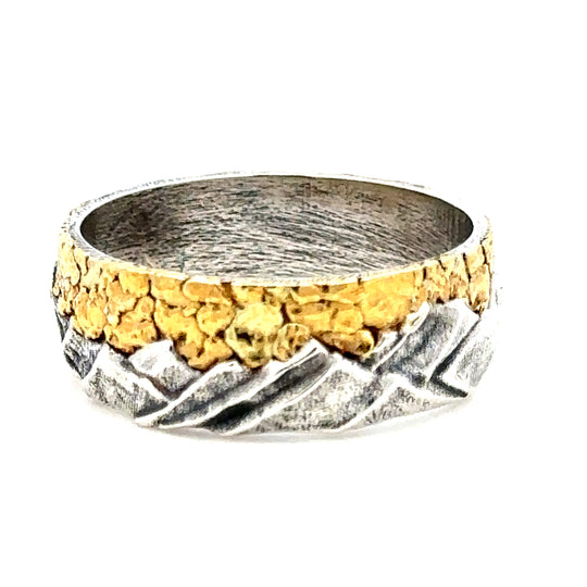 RM004 Mens Silver Mountain & Gold Nugget Sky Ring